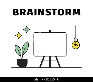 A minimalist workshop poster featuring a plant whiteboard and hanging lamp promoting a brainstorm meeting. Stock Vector