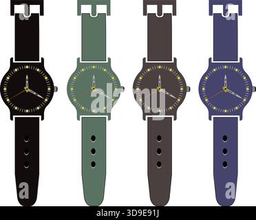 "Set of 4 Modern Wrist Watch Icons in Different Colors Flat Vector Illustration Isolated" Stock Vector