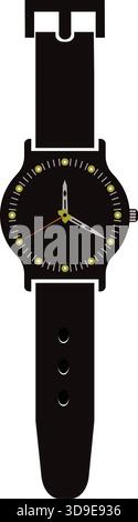 "Modern Black Wrist Watch with Leather Strap Flat Vector Icon Isolated" Stock Vector