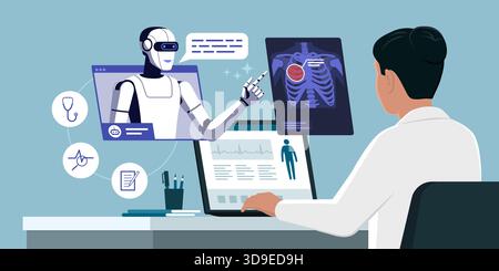 Female doctor sitting at her desk and working, an AI chatbot is helping her with data analysis, diagnostics and automation Stock Vector
