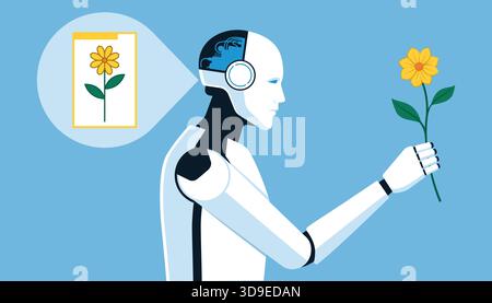 AI humanoid robot looking at a flower and recognizing it, deep learning and neural networks concept Stock Vector