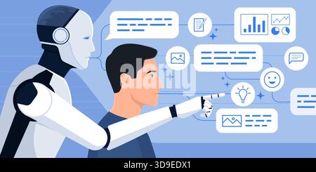 User and generative AI chatbot interacting and working together: the robot is generating new content and affecting the user's mind Stock Vector