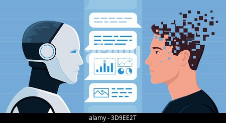User interacting with a chatbot and over-relying on AI: the impact of artificial intelligence on human brain, cognitive decline and skill atrophy Stock Vector