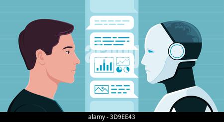 User and AI chatbot interacting, the robot is generating new content: generative AI concept Stock Vector