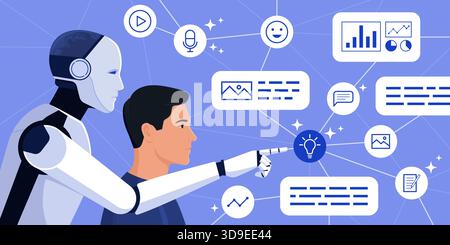 User and generative AI chatbot interacting and working together: the robot is generating new content and connections Stock Vector