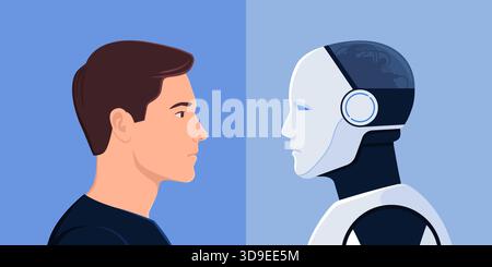 Man and AI humanoid robot staring at each other face to face: human-AI interaction concept Stock Vector