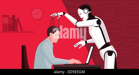 AI system manipulating human behavior and mind, influencing decisions and behaviors: an AI robot is controlling a user's mind like a puppet on a strin Stock Vector