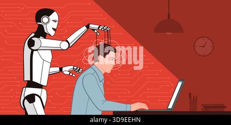 AI system manipulating human behavior and mind, influencing decisions and behaviors: an AI robot is controlling a user's mind like a puppet on a strin Stock Vector