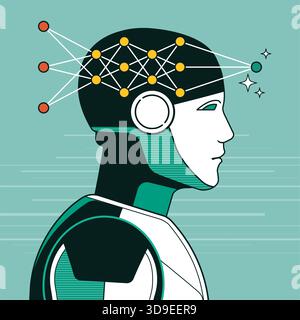Neural networks and deep learning: AI robot trained on datasets and generating new content Stock Vector