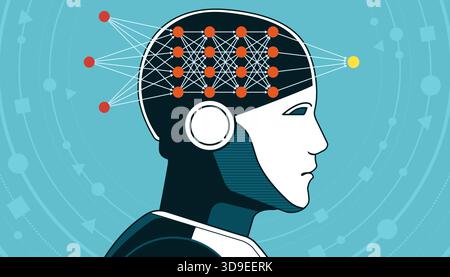 Neural networks and deep learning: AI robot trained on datasets and generating new content Stock Vector