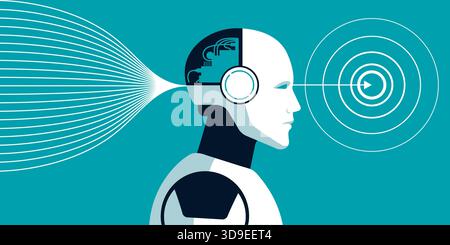 AI robot trained on datasets and generating new content, deep learning concept Stock Vector