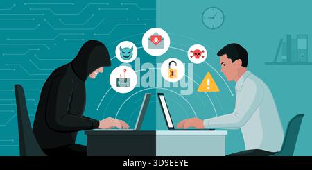 Hacker stealing data and scamming a user online: cyber security and cyber crime concept Stock Vector