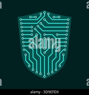 Printed circuit board shaped like a shield: cybersecurity and protection concept, isolated Stock Vector