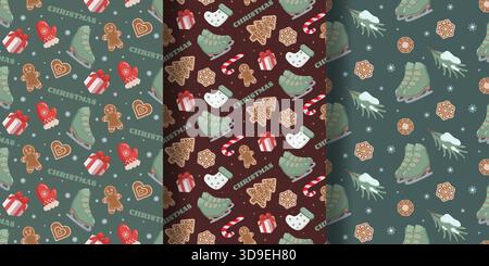 Three Christmas wrapping paper patterns green with cookies and mittens, red with candy canes and socks, and dark green with skates and pine branches Stock Vector