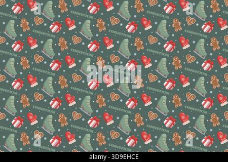 Seamless Christmas pattern with ice skates, mittens, gingerbread cookies, gifts, snowflakes, and CHRISTMAS text on muted green background Stock Vector