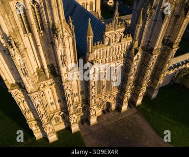 High angle view of the west facade of Wells Cathedral, Somerset, UK. Stock Photo