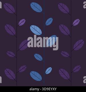 Dark Purple and Light Blue Vector isolated Seamless Pattern with Delicate Leaves: Cool Elegance for Nature-inspired Minimalist Botanical designs Stock Vector