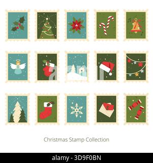 Christmas and Advent calendar stamp and icon sticker set with holiday elements: candy, gifts, Christmas tree, fir tree, angel, golden bell, snowflake Stock Vector