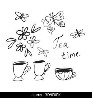Doodle whimsical illustration tea time. Tea pair, vintage cups, butterflies and flowers. Stock Vector