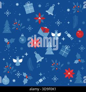 Seamless Christmas wrapping paper pattern with blue background featuring red berries, Christmas letters, envelopes, bells, fir trees, fir tree branche Stock Vector