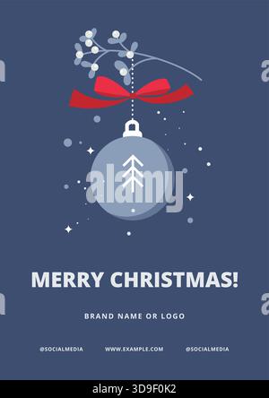 Elegant Christmas greeting card with a bauble and silver mistletoe on blue background Stock Vector