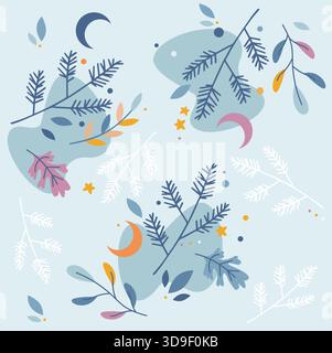 Winter seamless vector pattern for fabric, wallpaper, and gift paper. Blue, white, and golden colors. Pine tree branches, moons, and leaves. Stock Vector