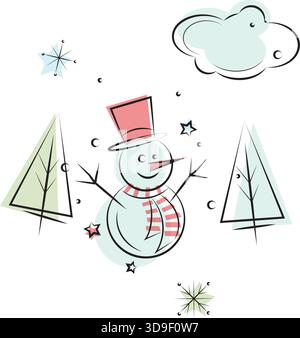 Snowman doodle in happy line art Winter scenery, hand-drawn vector illustration isolated on white background, easy to edit. Stock Vector