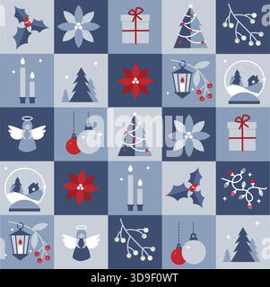 Seamless Vector Christmas Pattern with Geometric Stylized Icons – Baubles, Snowballs, Christmas Trees, Candles, Fir Trees, Snow, Gift Boxes Stock Vector