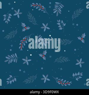 Christmas night-inspired seamless vector pattern, in blue and red colors. Merry Christmas and Winter Holiday decoration with stylized tree branches Stock Vector