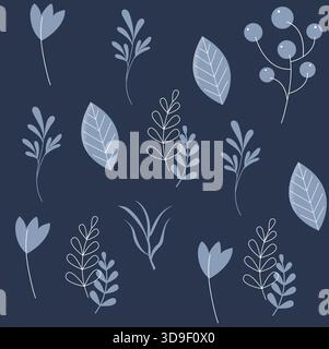 Elegant winter botanical seamless pattern with white and light blue berries, leaves, and grass on a dark blue background. Stock Vector