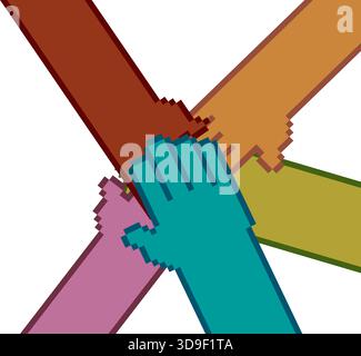 Pixel art multicolored hands coming together in unity symbolizing teamwork and cooperation Stock Vector