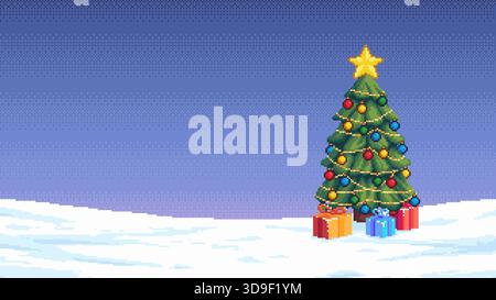 Christmas Tree with Decorations and Gifts in Snowy Pixel Art Landscape Stock Vector