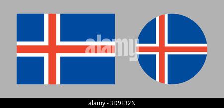 Iceland flag set. Flag icons. Icelandic national rectangular, round flag banners. Circle, rectangle flag badge. Stock Vector