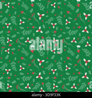 Green and red vector seamless pattern with berries and pine branches for Christmas and winter package designs and backgrounds Stock Vector