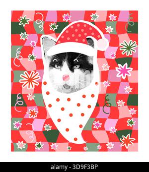 Funny hipster vector Santa Claus cat face with a hat, Cute Christmas groovy collage kitty Stock Vector