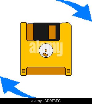 Floppy disk with rotating arrows in pixel art style Stock Vector