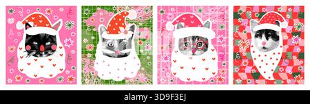 Cute funny vector Santa Claus cat heads, fun kitty faces with Christmas hats, halftone collage posters, greeting cards, banners Stock Vector