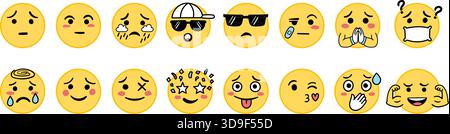 Emojis faces icons set collection in hand drawn style. Doddle emoticons vector illustration on isolated background. Happy and sad face sign business c Stock Vector