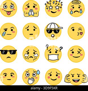 Emojis faces icons set collection in hand drawn style. Doddle emoticons vector illustration on isolated background. Happy and sad face sign business c Stock Vector