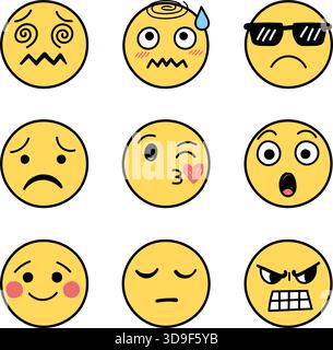Emojis faces icons set collection in hand drawn style. Doddle emoticons vector illustration on isolated background. Happy and sad face sign business c Stock Vector