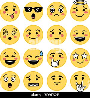 Emojis faces icons set collection in hand drawn style. Doddle emoticons vector illustration on isolated background. Happy and sad face sign business c Stock Vector