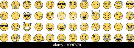 Emojis faces icons set collection in hand drawn style. Doddle emoticons vector illustration on isolated background. Happy and sad face sign business c Stock Vector