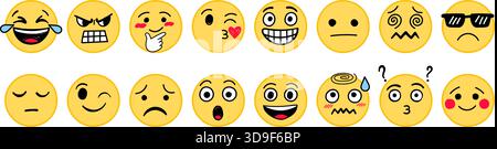 Emojis faces icons set collection in hand drawn style. Doddle emoticons vector illustration on isolated background. Happy and sad face sign business c Stock Vector