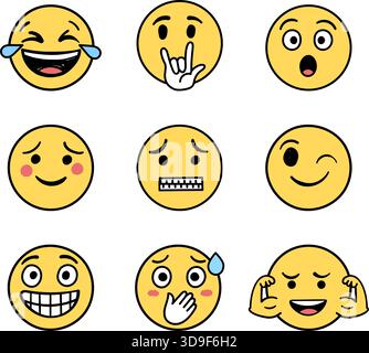 Emojis faces icons set collection in hand drawn style. Doddle emoticons vector illustration on isolated background. Happy and sad face sign business c Stock Vector