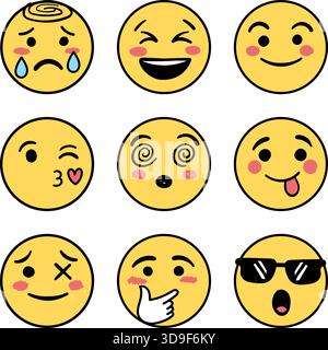 Emojis faces icons set collection in hand drawn style. Doddle emoticons vector illustration on isolated background. Happy and sad face sign business c Stock Vector