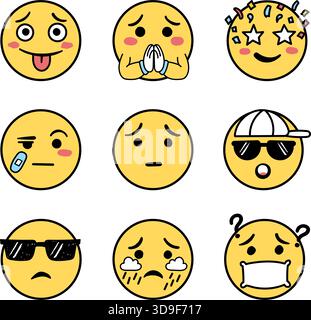 Emojis faces icons set collection in hand drawn style. Doddle emoticons vector illustration on isolated background. Happy and sad face sign business c Stock Vector