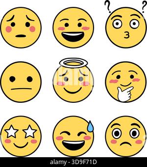 Emojis faces icons set collection in hand drawn style. Doddle emoticons vector illustration on isolated background. Happy and sad face sign business c Stock Vector