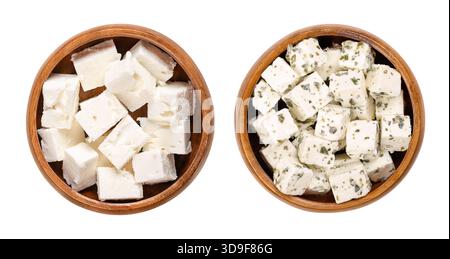 Greek feta cubes, brined white cheese from Greece, cut into block shape, in wooden bowls. On the left just cheese, on the right with herbs. Stock Photo