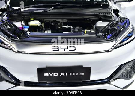 BANGKOK - DEC 1, 2025 : Battery pack of New TOYOTA bZ4X AWD 343 horsepower, 73.11 kWh battery, range 570 km. (NEDC) at Motor Expo IMPACT Stock Photo
