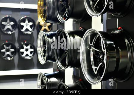 New Aluminium Alloy Wheels Rims in tire store Stock Photo